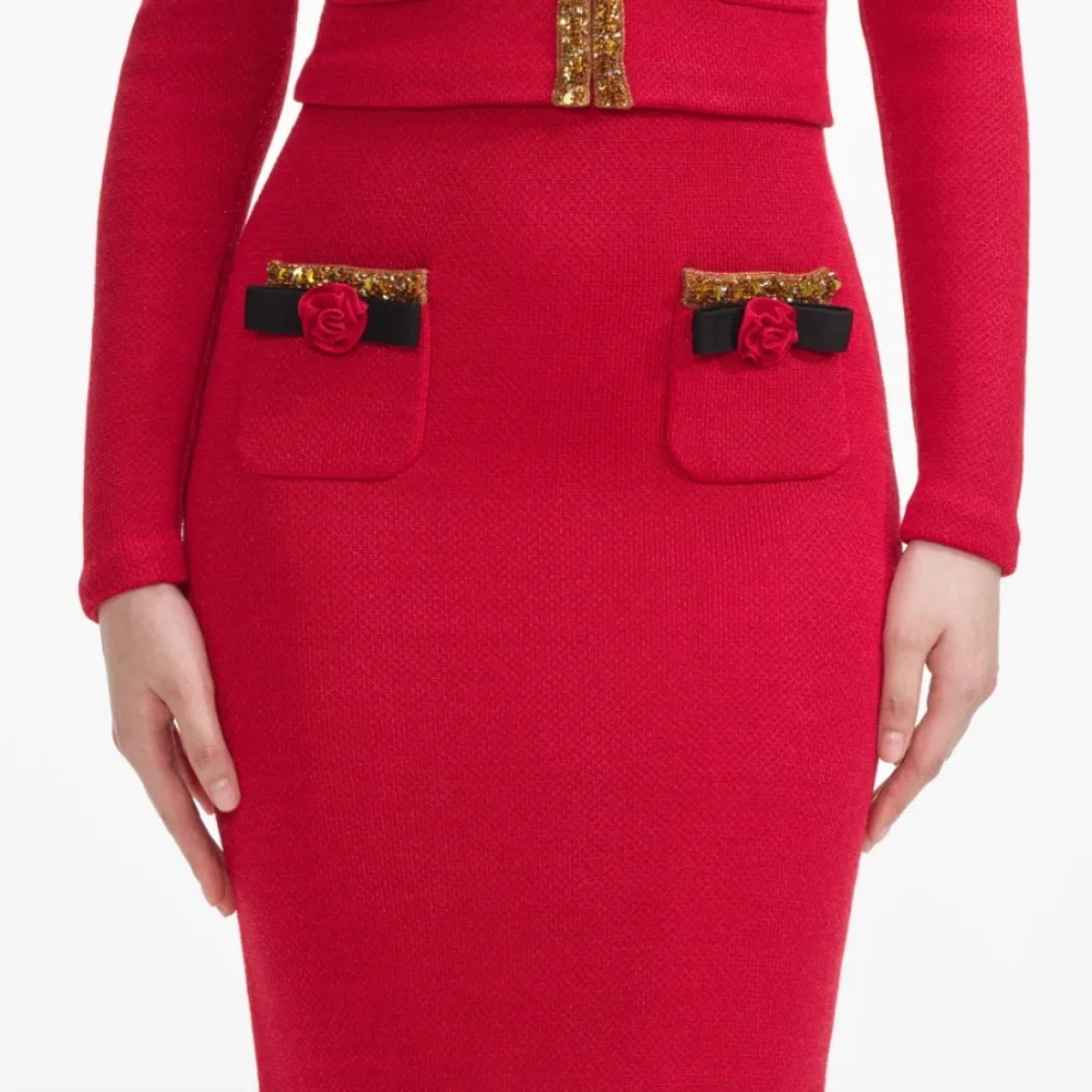self-portrait Red Textured Knit Corsage Midi Skirt Size Small - MSRP $380 - NWT - Picture 5 of 8